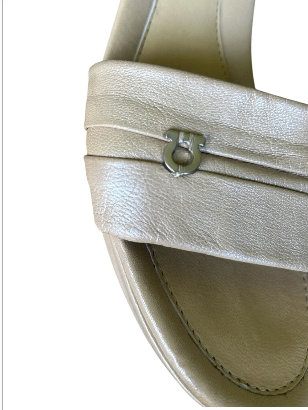 Salvatore  Ferragamo Champagne Metallic Leather Gancini Wedge Slide 7.5